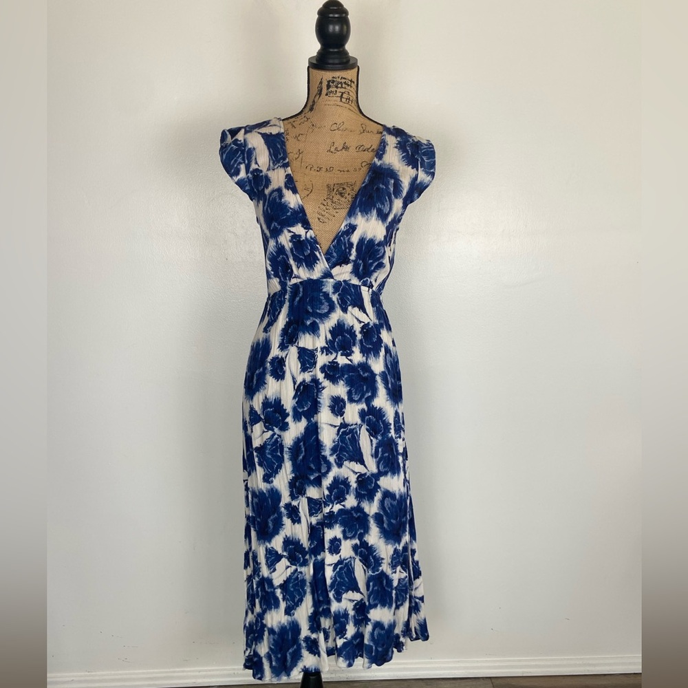 Blue Floral V-Neck Women’s Dress - Picture 2 of 15